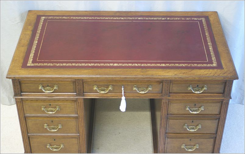 2076 Small Antique Oak Pedestal Desk Hand Tooled Leather Top